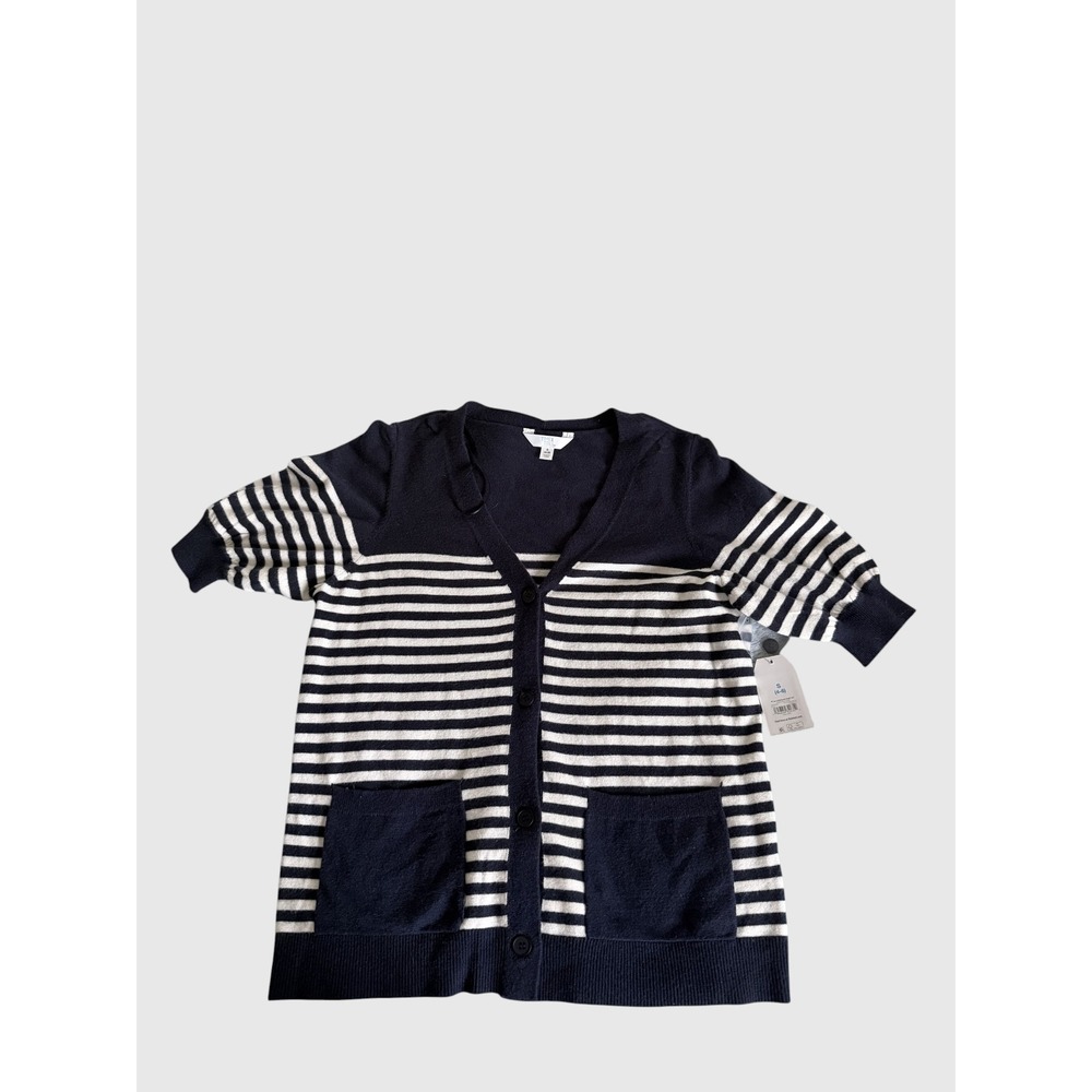 Time and Tru Women Navy White Striped Short Sleeve Cardigan V-Neck Sweater S 4-6
